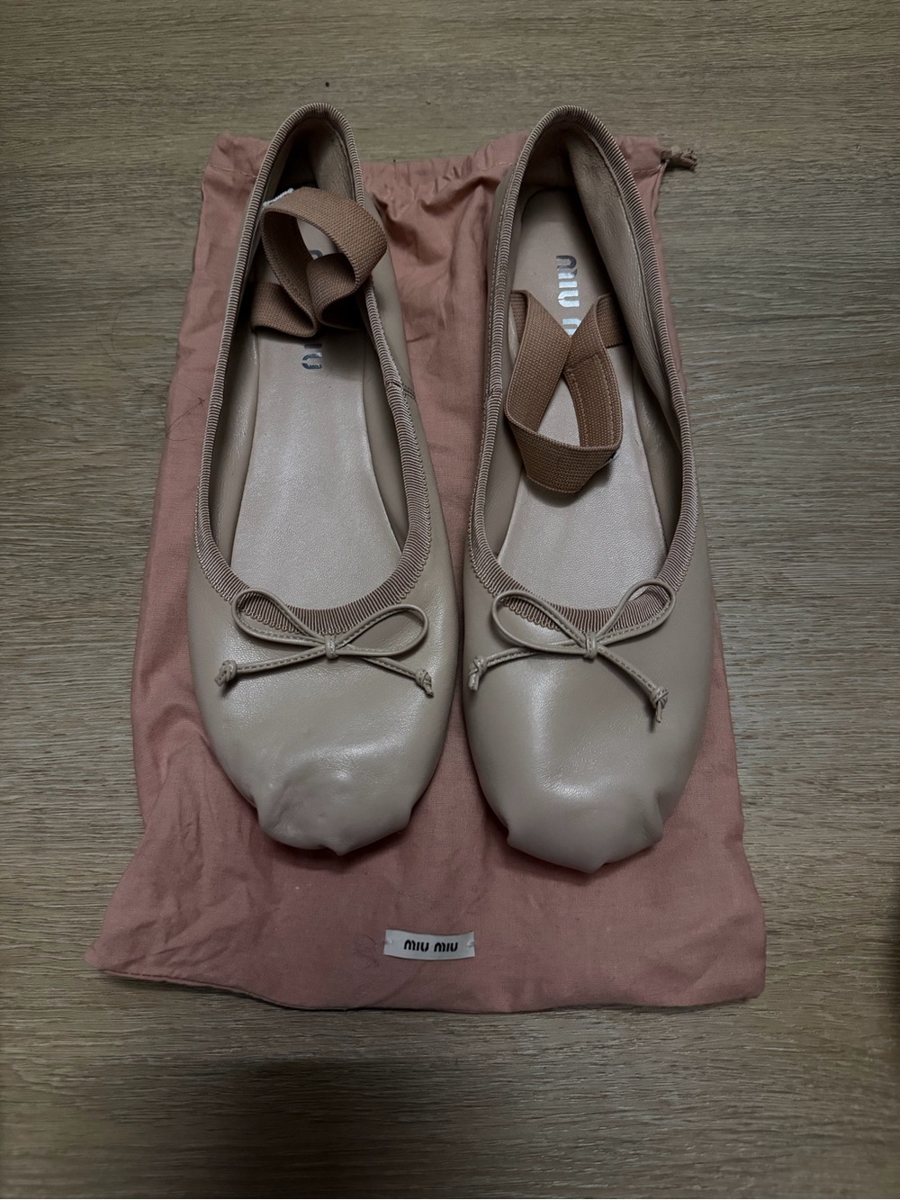 Miu Miu Blush Beige Leather Ballet Flats with Bow